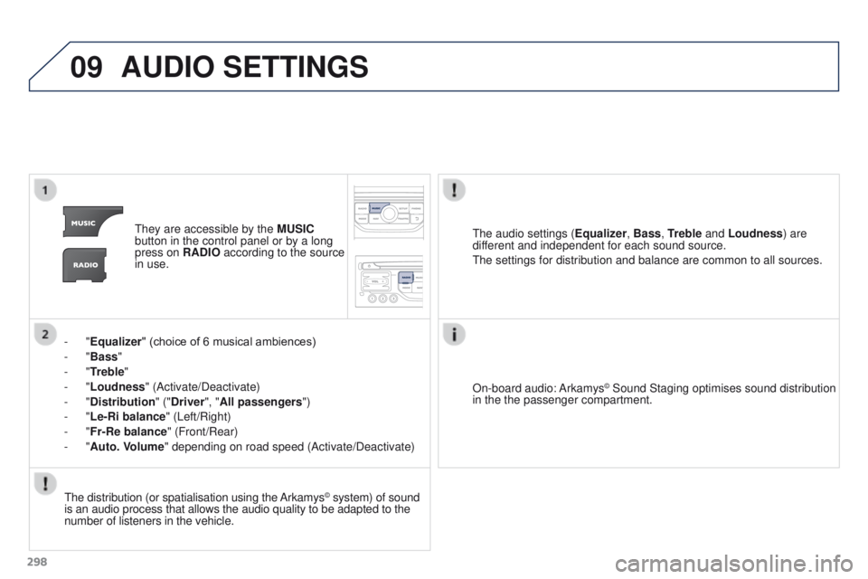 PEUGEOT 3008 2015.5.  Owners Manual 09
298
AUDIO SETTINGS
They are accessible by the MUSIC 
button in the control panel or by a long 
press on RADIO according to the source 
in use.
-
 
"Equalizer" (choice of 6 musical ambiences