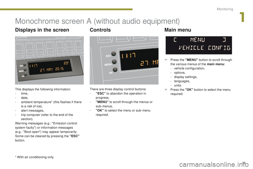 PEUGEOT 3008 2015.5.  Owners Manual 31
This displays the following information:
-  time,
-
 

date,
-
 
a
 mbient temperature* (this flashes if there 
is a risk of ice),
-
 a

lert messages,
-
 
t
 rip computer (refer to the end of the 