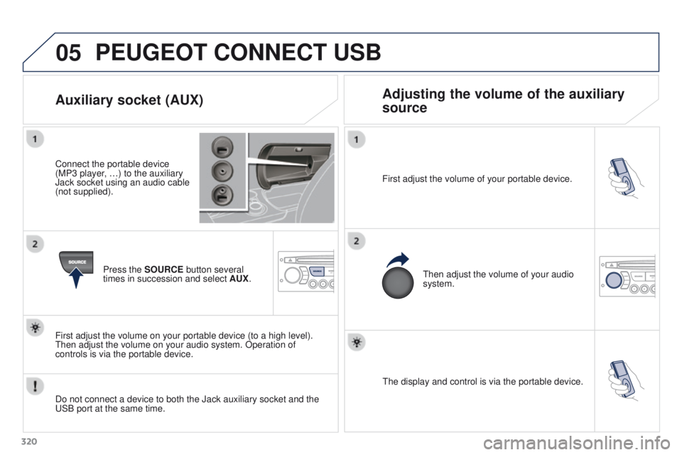 PEUGEOT 3008 2015.5.  Owners Manual 05
320The display and control is via the portable device.
First adjust the volume of your portable device.
Then adjust the volume of your audio 
system.
Auxiliary socket (AUX) Adjusting the volume of 
