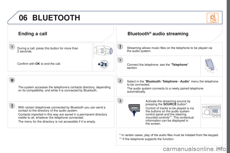 PEUGEOT 3008 2015.5. Owners Manual 06
323
Connect the telephone: see the "
Telephone"
section.
Select in the "Bluetooth: Telephone - Audio" menu the telephone
to be connected.
The audio system connects to a newly pair PEUGEOT 3008 2015.5. Owners Manual 06
323
Connect the telephone: see the "
Telephone"
section.
Select in the "Bluetooth: Telephone - Audio" menu the telephone
to be connected.
The audio system connects to a newly pair