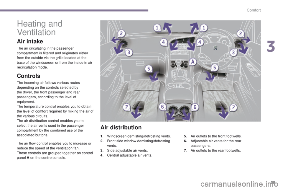 PEUGEOT 3008 2015.5. Owners Manual 59
Heating and
Ventilation
Controls
The incoming air follows various routes
depending on the controls selected by
the driver, the front passenger and rear
passengers, according to the level of
eq PEUGEOT 3008 2015.5. Owners Manual 59
Heating and
Ventilation
Controls
The incoming air follows various routes
depending on the controls selected by
the driver, the front passenger and rear
passengers, according to the level of
eq