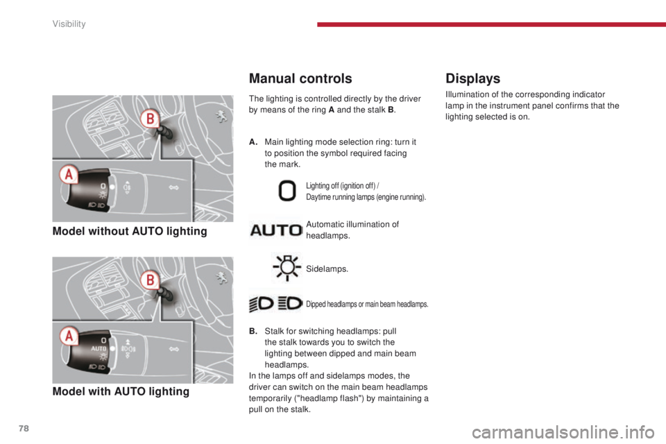 PEUGEOT 3008 2015.5.  Owners Manual 78
Model without AUTO lighting
Model with AUTO lighting
The lighting is controlled directly by the driver 
by means of the ring A and the stalk B.
B.
 S

talk for switching headlamps: pull 
the stalk 