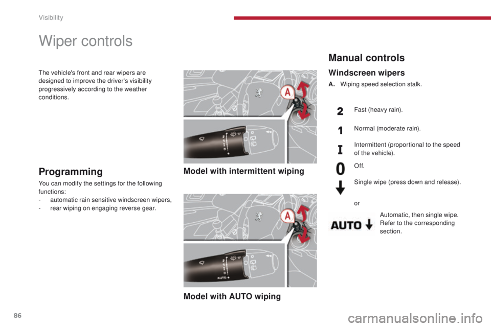 PEUGEOT 3008 2015.5.  Owners Manual 86
Manual controls
Automatic, then single wipe.
Refer to the corresponding 
section.
Windscreen wipers
A. Wiping speed selection stalk.Fast (heavy rain).
Normal (moderate rain).
Intermittent (proporti