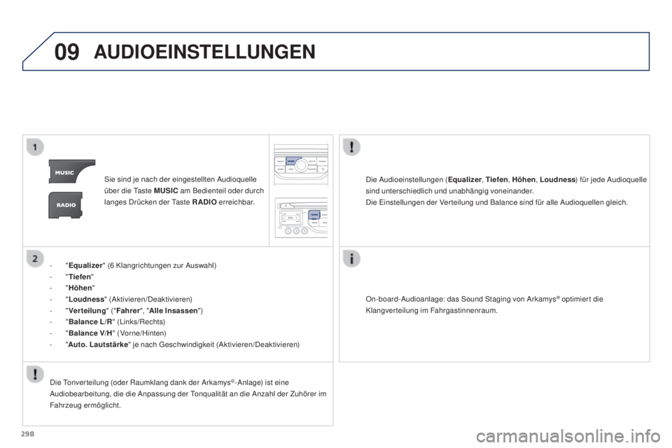 PEUGEOT 3008 2015.5. Betriebsanleitungen (in German) 09
298
3008_de_Chap12b_RT6-2-8_ed01-2015
AUDIOEINSTELLUNGEN
Sie sind je nach der eingestellten Audioquelle
über die Taste MUSIC am Bedienteil oder durch
langes Drücken der Taste RADIO erreichbar. PEUGEOT 3008 2015.5. Betriebsanleitungen (in German) 09
298
3008_de_Chap12b_RT6-2-8_ed01-2015
AUDIOEINSTELLUNGEN
Sie sind je nach der eingestellten Audioquelle
über die Taste MUSIC am Bedienteil oder durch
langes Drücken der Taste RADIO erreichbar.