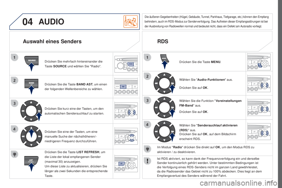 PEUGEOT 3008 2015.5. Betriebsanleitungen (in German) 04
315
3008_de_Chap12c_RD45_ed01_2015
AUDIO
Drücken Sie mehrfach hintereinander die
Ta s t e SOURCE und wählen Sie "Radio".
Drücken Sie die Taste BAND AST , um einen
der folgenden Wellen PEUGEOT 3008 2015.5. Betriebsanleitungen (in German) 04
315
3008_de_Chap12c_RD45_ed01_2015
AUDIO
Drücken Sie mehrfach hintereinander die
Ta s t e SOURCE und wählen Sie "Radio".
Drücken Sie die Taste BAND AST , um einen
der folgenden Wellen