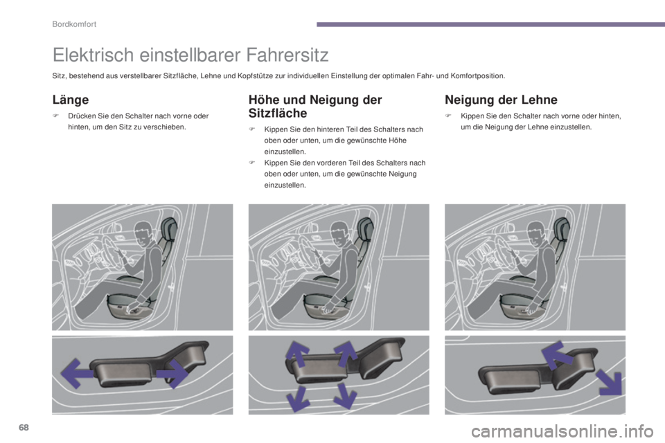 PEUGEOT 3008 2015.5.  Betriebsanleitungen (in German) 68
3008_de_Chap03_confort_ed01-2015
Elektrisch einstellbarer Fahrersitz
Länge
F Drücken Sie den Schalter nach vorne oder hinten, um den Sitz zu verschieben.
Höhe und Neigung der 
Sitzfläche
F Kipp
