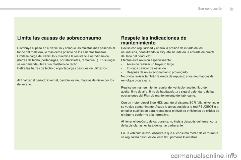 PEUGEOT 3008 2015.5. Manual del propietario (in Spanish) 13
3008_es_Chap00c_eco-conduite_ed01-2015
Limite las causas de sobreconsumo
Distribuya el peso en el vehículo y coloque las maletas más pesadas al
fondo del maletero, lo más cerca posible de los a PEUGEOT 3008 2015.5. Manual del propietario (in Spanish) 13
3008_es_Chap00c_eco-conduite_ed01-2015
Limite las causas de sobreconsumo
Distribuya el peso en el vehículo y coloque las maletas más pesadas al
fondo del maletero, lo más cerca posible de los a