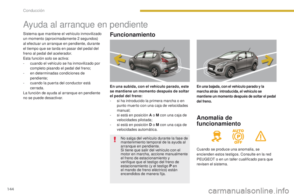 PEUGEOT 3008 2015.5. Manual del propietario (in Spanish) 144
3008_es_Chap08_conduite_ed01-2015
Ayuda al arranque en pendiente
Funcionamiento
En una subida, con el vehículo parado, este
se mantiene un momento después de soltar
el pedal del freno:
-
s
PEUGEOT 3008 2015.5. Manual del propietario (in Spanish) 144
3008_es_Chap08_conduite_ed01-2015
Ayuda al arranque en pendiente
Funcionamiento
En una subida, con el vehículo parado, este
se mantiene un momento después de soltar
el pedal del freno:
-
s