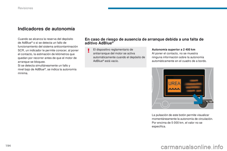 PEUGEOT 3008 2015.5.  Manual del propietario (in Spanish) 194
3008_es_Chap09_verifications_ed01-2015
Indicadores de autonomía
El dispositivo reglamentario de 
antiarranque del motor se activa 
automáticamente cuando el depósito de 
AdBlue
® está vacío.
