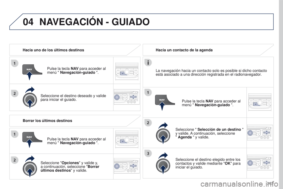 PEUGEOT 3008 2015.5.  Manual del propietario (in Spanish) 04
263
3008_es_Chap12b_RT6-2-8_ed01-2015
Hacia uno de los últimos destinosPulse la tecla N AV para acceder al 
menú " Navegación-guiado ".
Seleccione el destino deseado y valide 
para inici