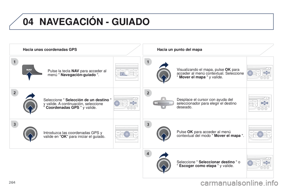 PEUGEOT 3008 2015.5.  Manual del propietario (in Spanish) 04
264
3008_es_Chap12b_RT6-2-8_ed01-2015
Seleccione " Selección de un destino  " 
y valide. A continuación, seleccione  
" Coordenadas GPS " y valide.
Introduzca las coordenadas GPS 