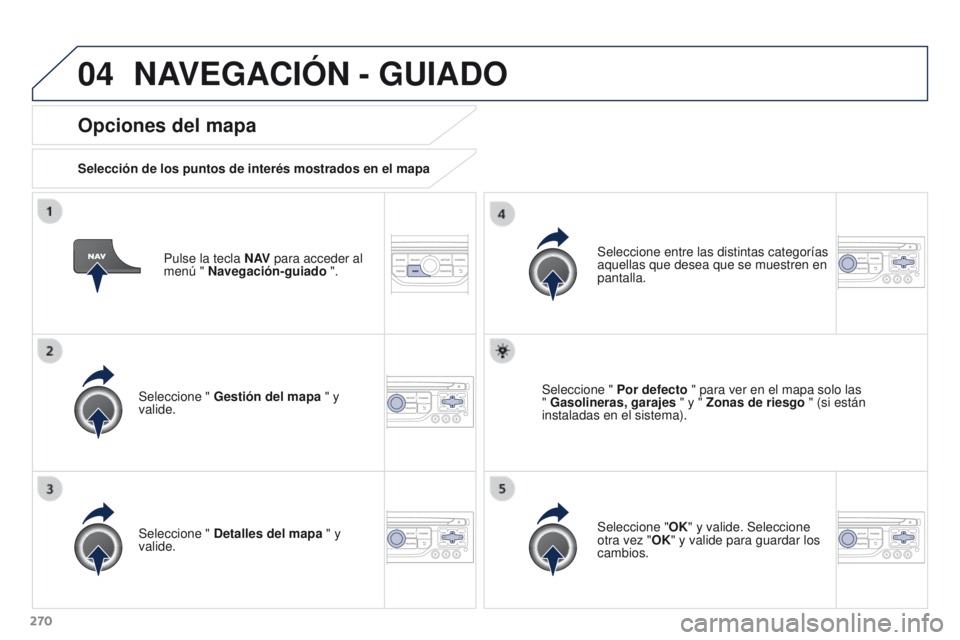 PEUGEOT 3008 2015.5.  Manual del propietario (in Spanish) 04
270
3008_es_Chap12b_RT6-2-8_ed01-2015
Pulse la tecla N AV para acceder al 
menú " Navegación-guiado ".
Opciones del mapa
Selección de los puntos de interés mostrados en el mapa
Seleccio