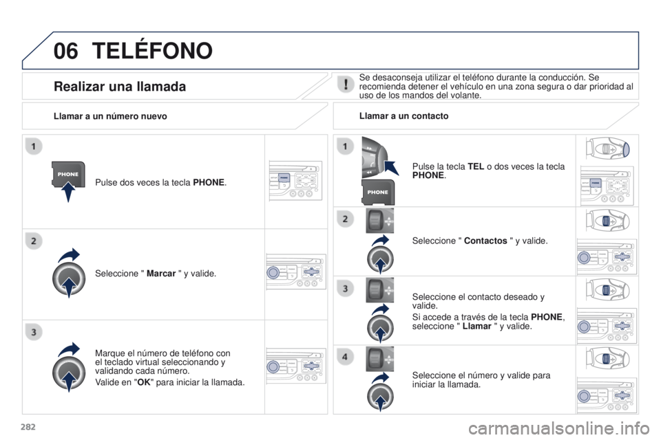 PEUGEOT 3008 2015.5.  Manual del propietario (in Spanish) 06
282
3008_es_Chap12b_RT6-2-8_ed01-2015
TELÉFONO
Pulse dos veces la tecla PHONE.
Seleccione "  Marcar " y valide. Seleccione " 
Contactos " y valide.
Marque el número de teléfono c