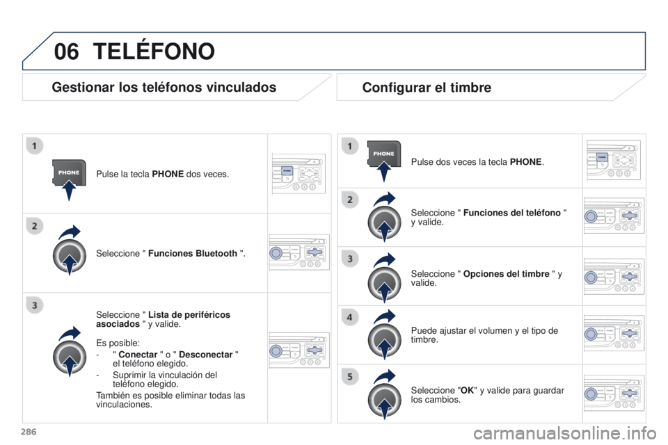 PEUGEOT 3008 2015.5.  Manual del propietario (in Spanish) 06
286
3008_es_Chap12b_RT6-2-8_ed01-2015
Pulse la tecla PHONE dos veces.
Seleccione "  Lista de periféricos 
asociados " y valide.
Es posible:
-
  " Conectar " o " Desconectar  &#