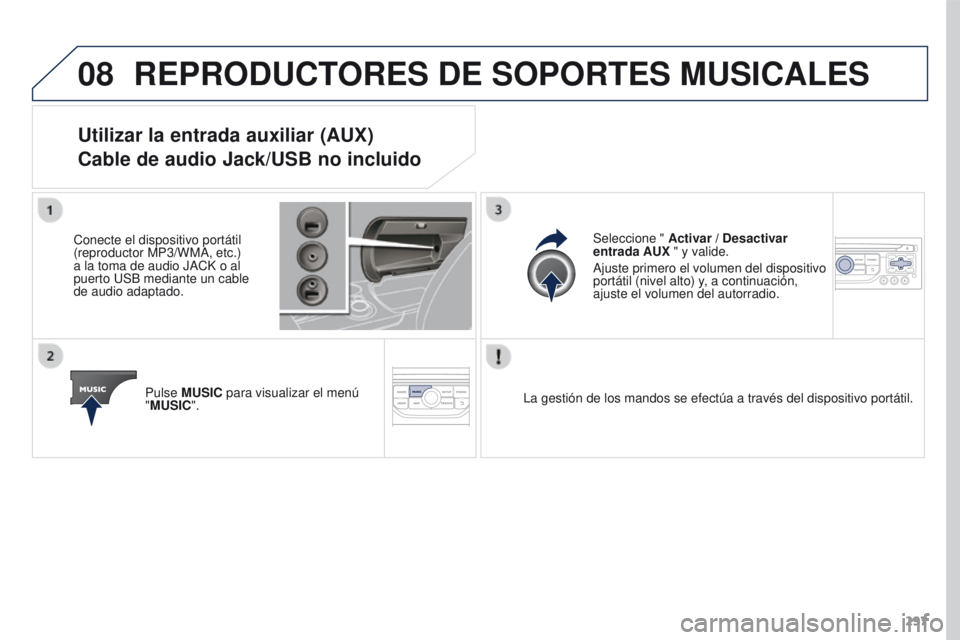 PEUGEOT 3008 2015.5.  Manual del propietario (in Spanish) 08
297
3008_es_Chap12b_RT6-2-8_ed01-2015
REPRODUCTORES DE SOPORTES MUSICALES
Utilizar la entrada auxiliar (AUX) 
Cable de audio Jack/USB no incluido
Conecte el dispositivo portátil 
(reproductor MP3/