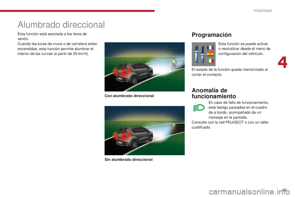 PEUGEOT 3008 2015.5.  Manual del propietario (in Spanish) 85
3008_es_Chap04_visibilite_ed01-2015
Alumbrado direccional
Con alumbrado direccional
Sin alumbrado direccional
Programación
Anomalía de 
funcionamiento
Esta función se puede activar 
o neutraliza