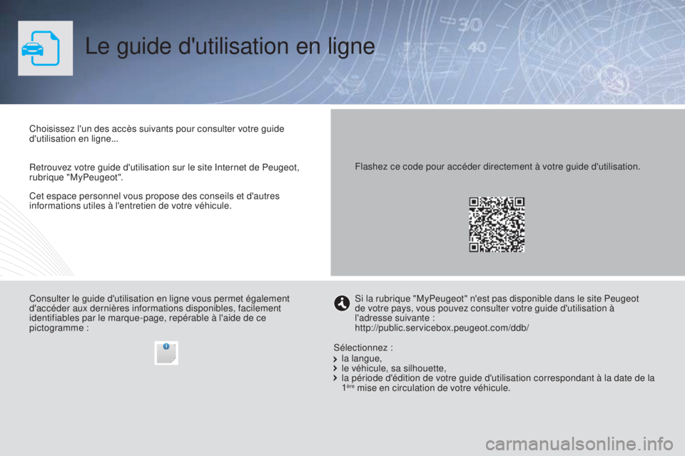 PEUGEOT 3008 2015.5.  Manuel du propriétaire (in French) Le guide d'utilisation en ligne
Cet espace personnel vous propose des conseils et d'autres 
informations utiles à l'entretien de votre véhicule. Choisissez l'un des accès suivants p