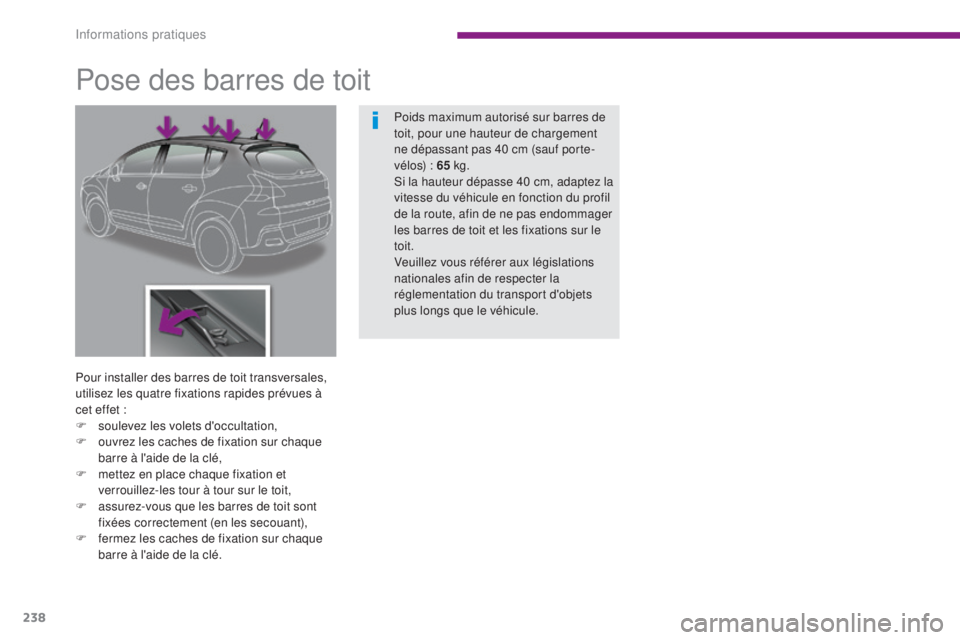 PEUGEOT 3008 2015.5.  Manuel du propriétaire (in French) 238
Pose des barres de toit
Pour installer des barres de toit transversales, 
utilisez les quatre fixations rapides prévues à 
cet effet  :
F
 
s
 oulevez les volets d'occultation,
F
 
o
 uvrez 
