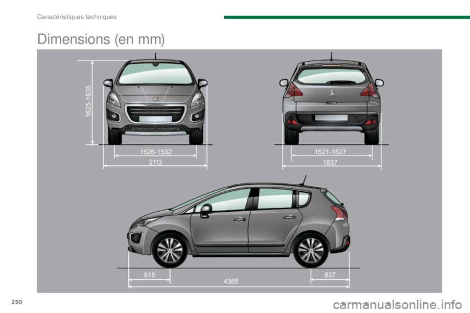 PEUGEOT 3008 2015.5.  Manuel du propriétaire (in French) 250
Dimensions (en mm) 
Caractéristiques techniques  