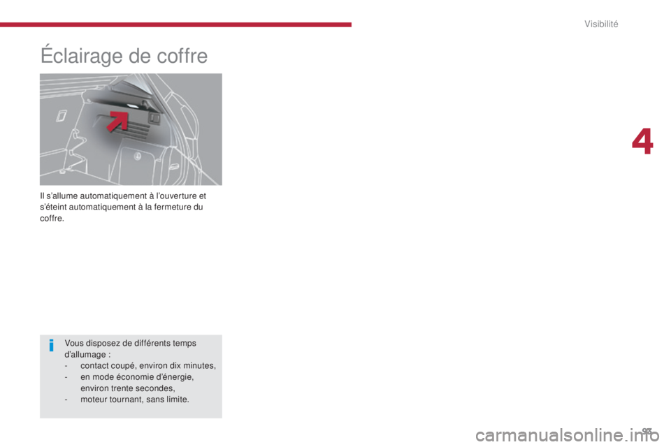 PEUGEOT 3008 2015.5.  Manuel du propriétaire (in French) 93
Il s’allume automatiquement à l’ouverture et 
s’éteint automatiquement à la fermeture du 
coffre.
Éclairage de coffre
Vous disposez de différents temps 
d’allumage :
- 
c
 ontact coup