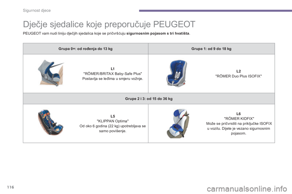 PEUGEOT 3008 2015.5.  Upute Za Rukovanje (in Croatian) 116
3008_hr_Chap06_securite-enfants_ed01-2015
Dječje sjedalice koje preporučuje PEUGEOT
Grupa 0+: od rođenja do 13 kgG rupa 1: od 9   do 18   kg
L1
 "

RÖMER /BRITA X Baby-Safe Plus" 
Post