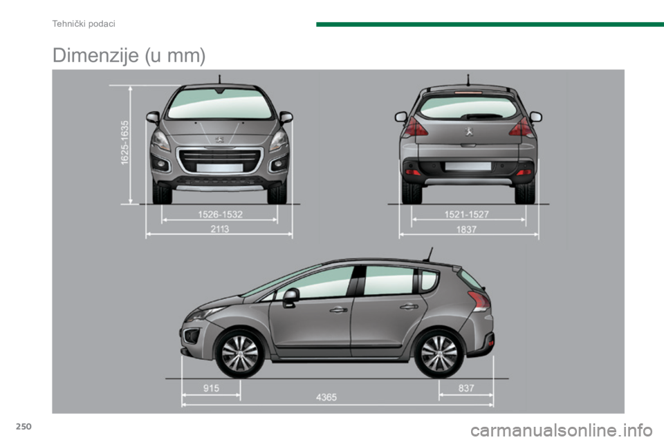 PEUGEOT 3008 2015.5.  Upute Za Rukovanje (in Croatian) 250
3008_hr_Chap11_caracteristiques_ed01-2015
Dimenzije (u mm) 
Tehnički podaci  