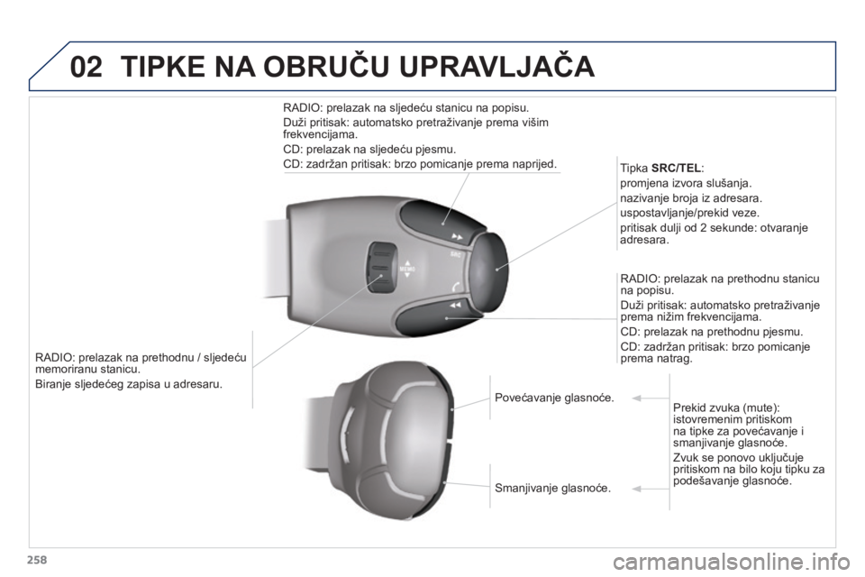 PEUGEOT 3008 2015.5.  Upute Za Rukovanje (in Croatian) 02
258
3008_hr_Chap12b_RT6-2-8_ed01-2015
RADIO: prelazak na prethodnu / sljedeću 
memoriranu stanicu.
Biranje sljedećeg zapisa u adresaru.Tipka SRC/TEL:
promjena izvora slušanja.
nazivanje broja iz