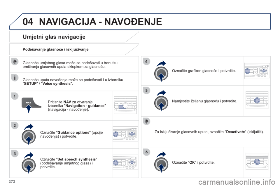 PEUGEOT 3008 2015.5.  Upute Za Rukovanje (in Croatian) 04
272
3008_hr_Chap12b_RT6-2-8_ed01-2015
Pritisnite N AV za otvaranje 
izbornika " Navigation - guidance " 
(navigacija
  - navođenje).
Umjetni glas navigacije
Označite "Guidance options