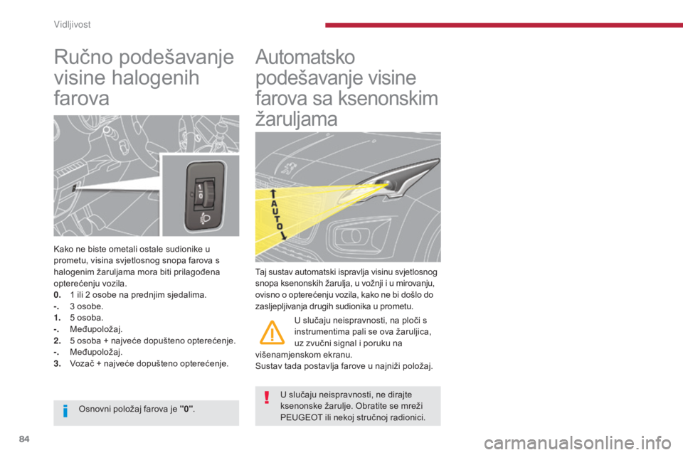 PEUGEOT 3008 2015.5. Upute Za Rukovanje (in Croatian) 84
3008_hr_Chap04_visibilite_ed01-2015
Ručno podešavanje
visine halogenih
farova
Kako ne biste ometali ostale sudionike u
prometu, visina svjetlosnog snopa farova s
halogenim žaruljama mora bit PEUGEOT 3008 2015.5. Upute Za Rukovanje (in Croatian) 84
3008_hr_Chap04_visibilite_ed01-2015
Ručno podešavanje
visine halogenih
farova
Kako ne biste ometali ostale sudionike u
prometu, visina svjetlosnog snopa farova s
halogenim žaruljama mora bit