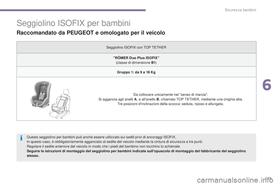 PEUGEOT 3008 2015.5.  Manuale duso (in Italian) 119
3008_it_Chap06_securite-enfants_ed01-2015
Seggiolino ISOFIX per bambini
Questo seggiolino per bambini può anche essere utilizzato sui sedili privi di ancoraggi ISOFIX.
In questo caso, è obbligat