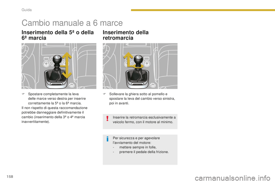 PEUGEOT 3008 2015.5.  Manuale duso (in Italian) 158
3008_it_Chap08_conduite_ed01-2015
Cambio manuale a 6 marce
Inserimento della 5ª o della 
6ª marcia Inserimento della 
retromarcia
Inserire la retromarcia esclusivamente a 
veicolo fermo, con il 
