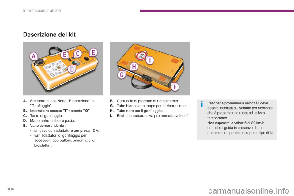 PEUGEOT 3008 2015.5.  Manuale duso (in Italian) 204
3008_it_Chap10_infos-pratiques_ed01-2015
Descrizione del kit
A. Selettore di posizione "Riparazione" o "Gonfiaggio".
B.
 I

nterruttore acceso "I"  / spento "O".
C.