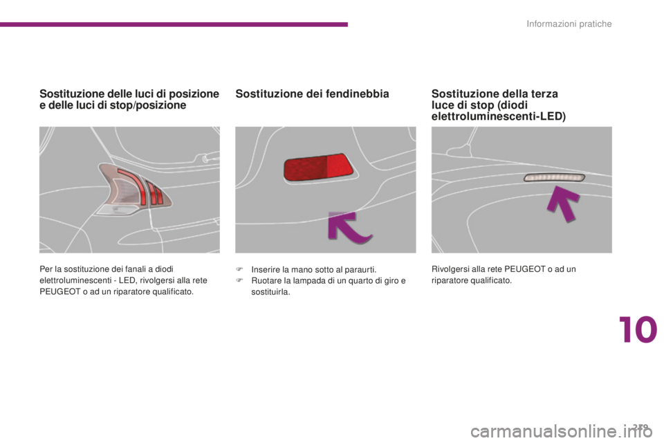 PEUGEOT 3008 2015.5.  Manuale duso (in Italian) 219
3008_it_Chap10_infos-pratiques_ed01-2015
Sostituzione delle luci di posizione 
e delle luci di stop/posizioneSostituzione dei fendinebbia
Per la sostituzione dei fanali a diodi 
elettroluminescent