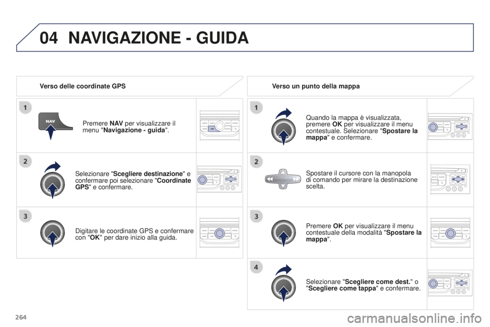 PEUGEOT 3008 2015.5.  Manuale duso (in Italian) 04
264
3008_it_Chap12b_RT6-2-8_ed01-2015
Selezionare "Scegliere destinazione" e 
confermare poi selezionare "Coordinate 
GPS" e confermare.
Digitare le coordinate GPS e confermare 
con