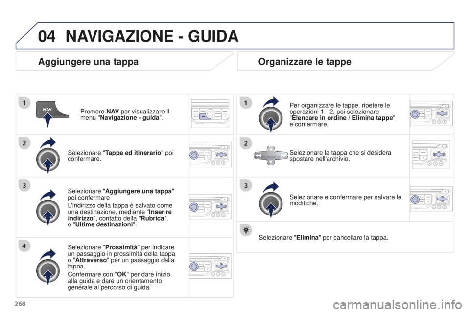 PEUGEOT 3008 2015.5.  Manuale duso (in Italian) 04
268
3008_it_Chap12b_RT6-2-8_ed01-2015
Aggiungere una tappa
Premere N AV per visualizzare il 
menu "Navigazione - guida ".
Selezionare " Tappe ed itinerario " poi 
confermare.
Selezi