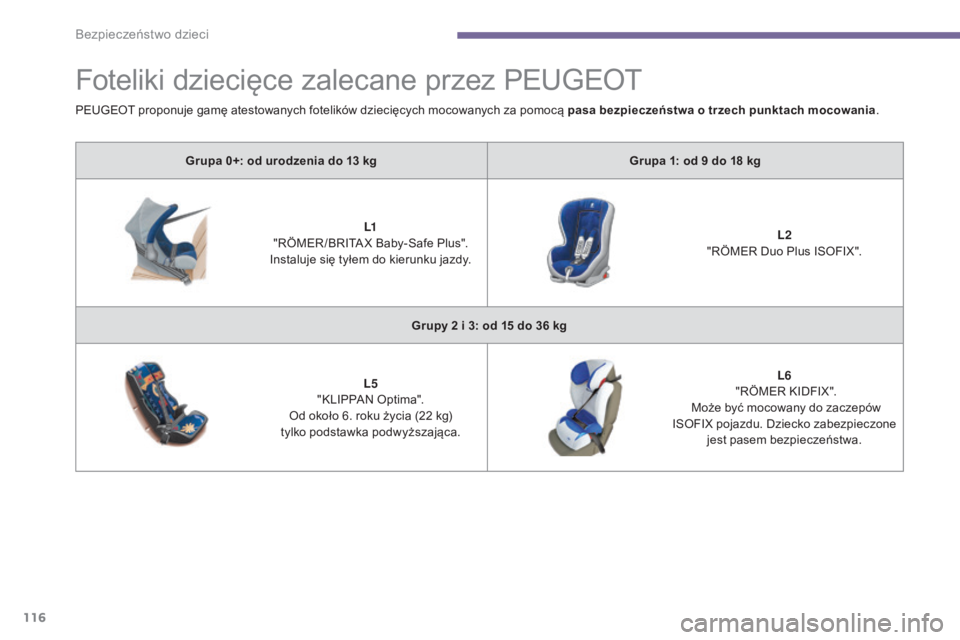 PEUGEOT 3008 2015.5.  Instrukcja obsługi (in Polish) 116
3008_pl_Chap06_securite-enfants_ed01-2015
Foteliki dziecięce zalecane przez PEUGEOT
Grupa 0+: od urodzenia do 13 kgG rupa 1: od 9   do 18   kg
L1
 "

RÖMER /BRITA X Baby-Safe Plus".
Inst