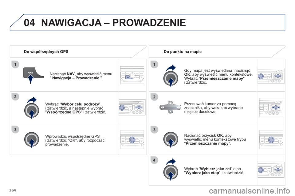 PEUGEOT 3008 2015.5.  Instrukcja obsługi (in Polish) 04
264
3008_pl_Chap12b_RT6-2-8_ed01-2015
Wybrać "Wybór celu podróży"  
i zatwierdzić, a następnie wybrać   
"Współrzędne GPS " i zatwierdzić.
Wprowadzić współrzędne GPS 