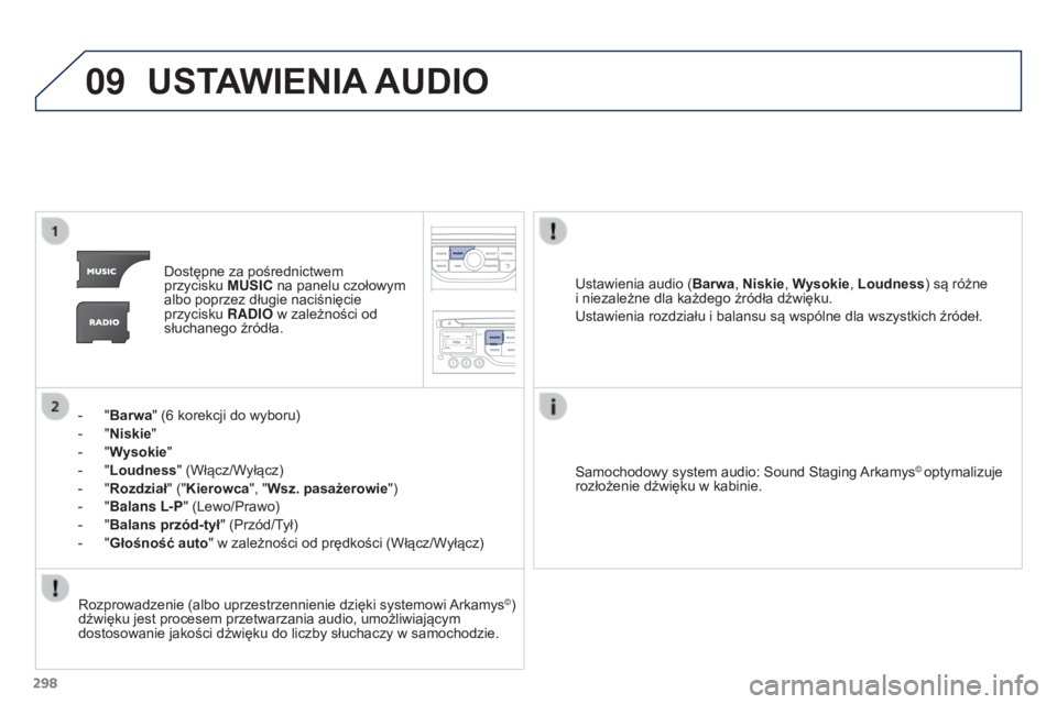 PEUGEOT 3008 2015.5.  Instrukcja obsługi (in Polish) 09
298
3008_pl_Chap12b_RT6-2-8_ed01-2015
USTAWIENIA AUDIO
Dostępne za pośrednictwem 
przycisku MUSIC na panelu czołowym 
albo poprzez długie naciśnięcie 
przycisku  RADIO w zależności od 
słu