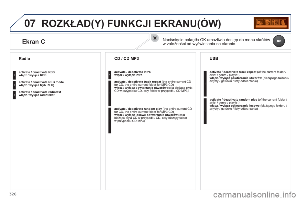 PEUGEOT 3008 2015.5. Instrukcja obsługi (in Polish) 07
326
3008_pl_Chap12c_RD45_ed01_2015
ROZKŁAD(Y) FUNKCJI EKRANU(óW)
activate / deactivate RDS
włącz / wyłącz RDS
activate / deactivate REG mode
włącz / wyłącz tryb REG)
activate / deacti PEUGEOT 3008 2015.5. Instrukcja obsługi (in Polish) 07
326
3008_pl_Chap12c_RD45_ed01_2015
ROZKŁAD(Y) FUNKCJI EKRANU(óW)
activate / deactivate RDS
włącz / wyłącz RDS
activate / deactivate REG mode
włącz / wyłącz tryb REG)
activate / deacti