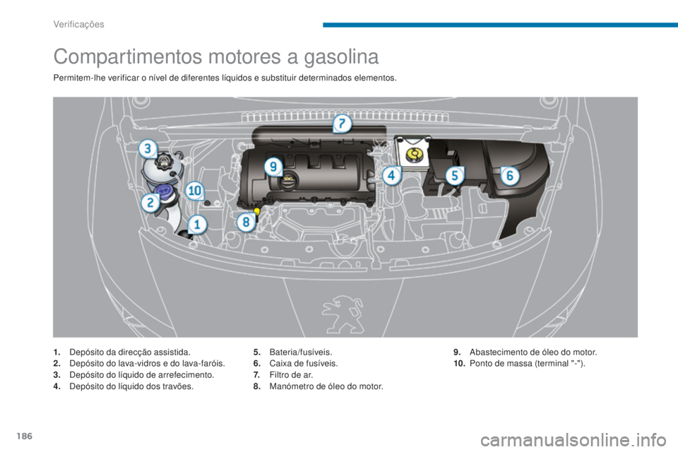 PEUGEOT 3008 2015.5.  Manual de utilização (in Portuguese) 186
3008_pt_Chap09_verifications_ed01-2015
Compartimentos motores a gasolina
Permitem-lhe verificar o nível de diferentes líquidos e substituir determinados elementos.
1.
 D
epósito da direcção a