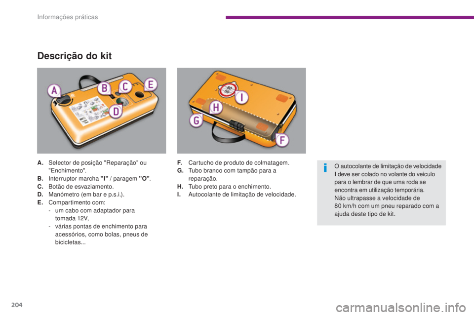 PEUGEOT 3008 2015.5.  Manual de utilização (in Portuguese) 204
3008_pt_Chap10_infos-pratiques_ed01-2015
Descrição do kit
A. Selector de posição "Reparação" ou "Enchimento".
B.
 I

nterruptor marcha "I"  / paragem "O".
C.
