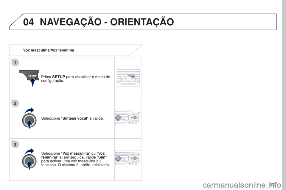 PEUGEOT 3008 2015.5.  Manual de utilização (in Portuguese) 04
273
3008_pt_Chap12b_Rt6-2-8_ed01-2015
Voz masculina/Voz feminina
Prima SETUP para visualizar o menu de 
configuração.
Seleccione " Voz masculina" ou "Voz 
feminina" e, em seguida,