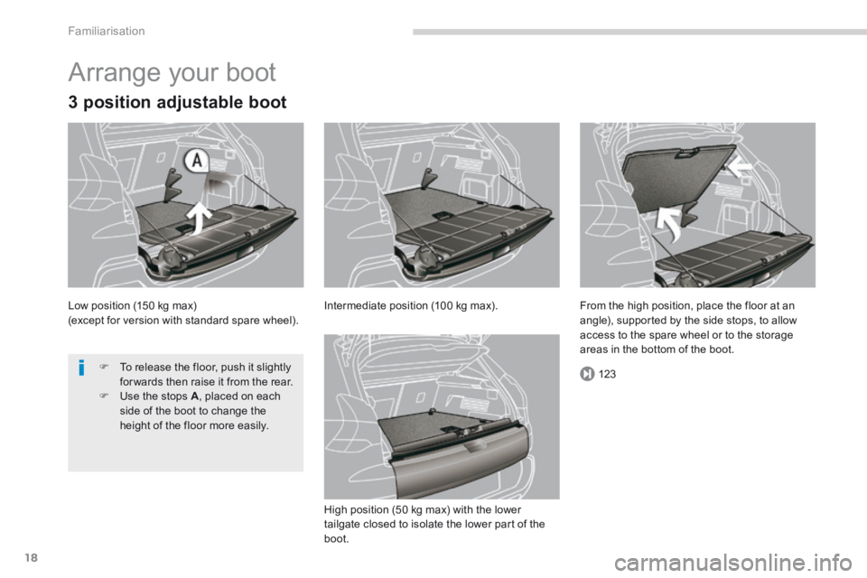 PEUGEOT 3008 2014  Owners Manual 123
Familiarisation
18
 Arrange your boot 
  3 position adjustable boot 
 Low position (150 kg max)  (except for version with standard spare wheel).  Intermediate position (100 kg max). 
 High positio