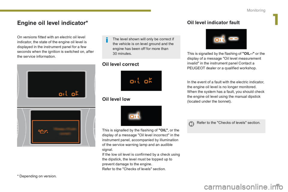 PEUGEOT 3008 2014 Owners Manual 1
Monitoring41
Engine oil level indicator *
Oil level correct
Oil level low
Oil level indicator fault
In the event of a fault with the electric indicator, the engine oil level i PEUGEOT 3008 2014 Owners Manual 1
Monitoring41
Engine oil level indicator *
Oil level correct
Oil level low
Oil level indicator fault
In the event of a fault with the electric indicator, the engine oil level i