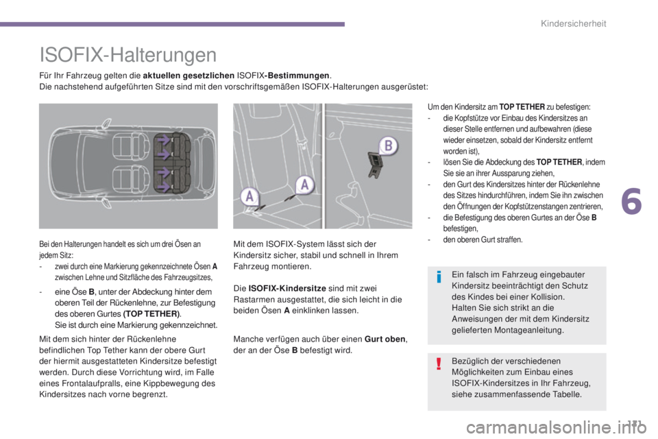 PEUGEOT 3008 2014  Betriebsanleitungen (in German) 121
ISOFIX-Halterungen
Bei den Halterungen handelt es sich um drei Ösen an 
jedem Sitz:
- zwei durch eine Markierung gekennzeichnete Ösen A zwischen Lehne und Sitzfläche des Fahrzeugsitzes,
Mit dem