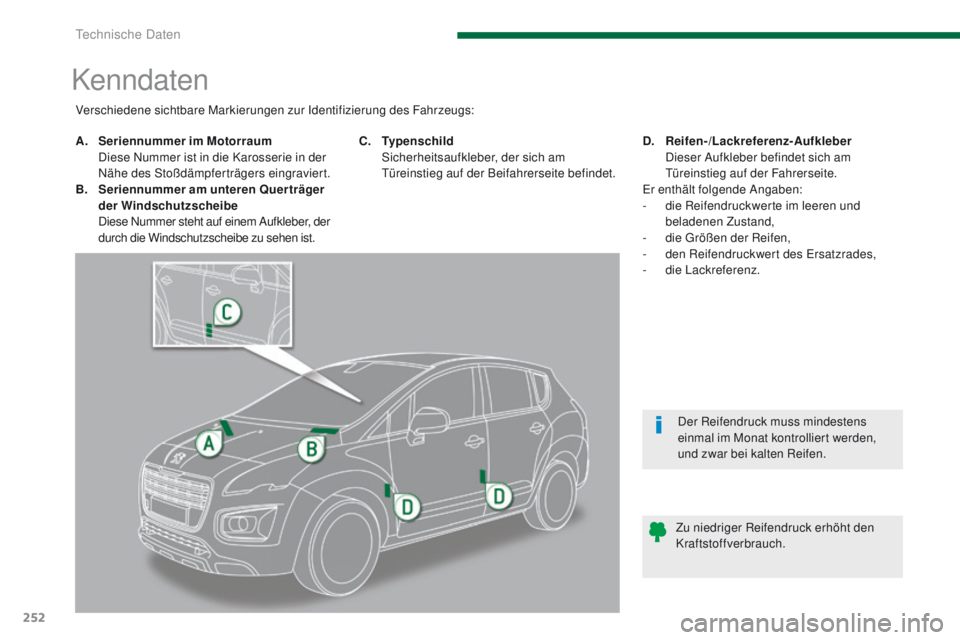 PEUGEOT 3008 2014  Betriebsanleitungen (in German) 252
Kenndaten
A. Seriennummer im Motorraum  D
iese Nummer ist in die Karosserie in der 
Nähe des Stoßdämpferträgers eingraviert.
B.
 S

eriennummer am unteren Querträger 
der Windschutzscheibe  
