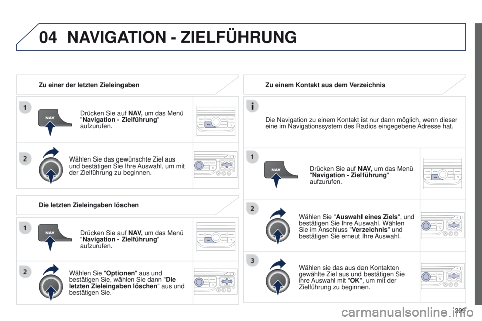 PEUGEOT 3008 2014 Betriebsanleitungen (in German) 04
309
3008_de_Chap12c_Rt6-2-8_ed01-2014
Zu einer der letzten Zieleingaben
Drücken Sie auf N AV, um das Menü
"Navigation - Zielführung "
aufzurufen.
Wählen Sie das gewünschte Ziel aus PEUGEOT 3008 2014 Betriebsanleitungen (in German) 04
309
3008_de_Chap12c_Rt6-2-8_ed01-2014
Zu einer der letzten Zieleingaben
Drücken Sie auf N AV, um das Menü
"Navigation - Zielführung "
aufzurufen.
Wählen Sie das gewünschte Ziel aus