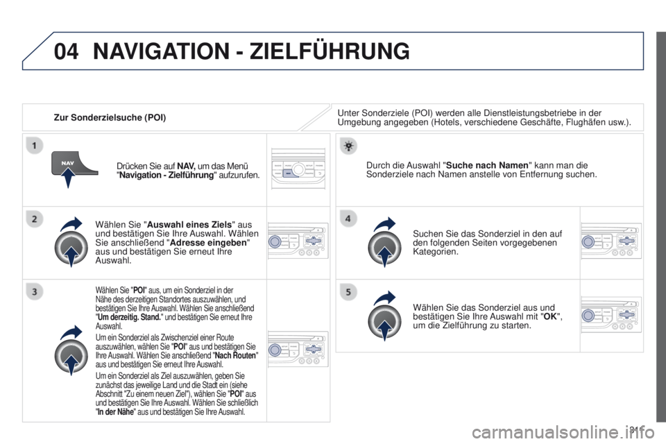 PEUGEOT 3008 2014 Betriebsanleitungen (in German) 04
3 11
3008_de_Chap12c_Rt6-2-8_ed01-2014
Zur Sonderzielsuche (POI)u nter Sonderziele (POI) werden alle Dienstleistungsbetriebe in der u
mgebung angegeben (Hotels, verschiedene g eschäfte, Flughäfe PEUGEOT 3008 2014 Betriebsanleitungen (in German) 04
3 11
3008_de_Chap12c_Rt6-2-8_ed01-2014
Zur Sonderzielsuche (POI)u nter Sonderziele (POI) werden alle Dienstleistungsbetriebe in der u
mgebung angegeben (Hotels, verschiedene g eschäfte, Flughäfe