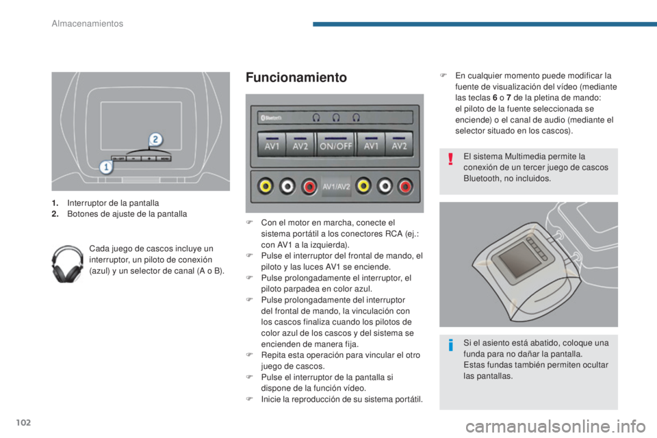 PEUGEOT 3008 2014  Manual del propietario (in Spanish) 102
1. Interruptor de la pantalla
2. Botones de ajuste de la pantalla
Cada juego de cascos incluye un 
interruptor, un piloto de conexión 
(azul) y un selector de canal (A o B).
Funcionamiento
F Con 