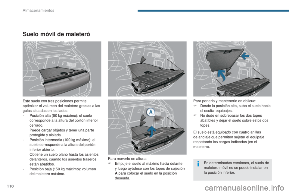 PEUGEOT 3008 2014 Manual del propietario (in Spanish) 110
Suelo móvil de maleteró
Este suelo con tres posiciones permite
optimizar el volumen del maletero gracias a las
guías situadas en los lados:
-
P
osición alta (50 kg máximo): el suelo
co PEUGEOT 3008 2014 Manual del propietario (in Spanish) 110
Suelo móvil de maleteró
Este suelo con tres posiciones permite
optimizar el volumen del maletero gracias a las
guías situadas en los lados:
-
P
osición alta (50 kg máximo): el suelo
co